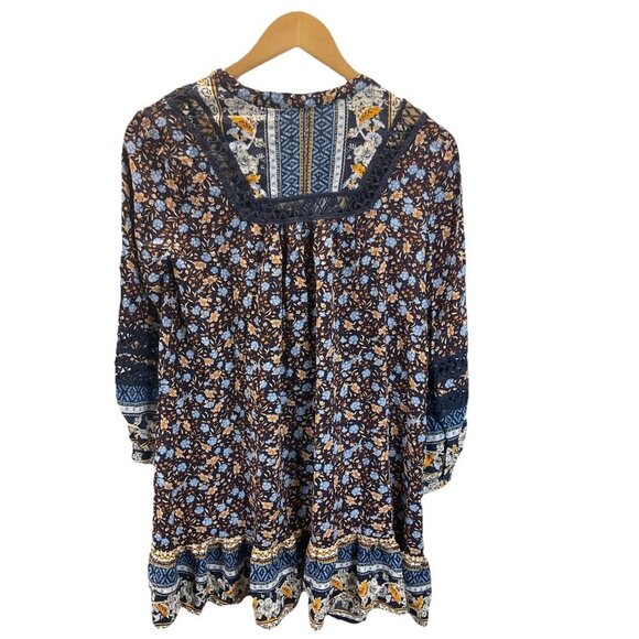 Sundance Boho Tunic Dress Long Sleeve Blue Floral Womens Size S Flowy - Picture 2 of 12